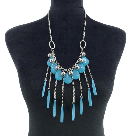 Teardrop Beaded Chain Fringe Necklace 24 Inch Length Blue Silver Tone - Picture 1 of 3